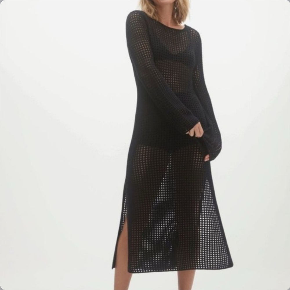 NakedCashmere Black Long Sleeve Crochet Midi Dress